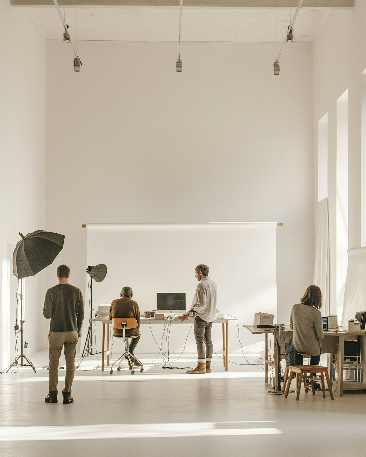 A bright studio with writers working at their desks